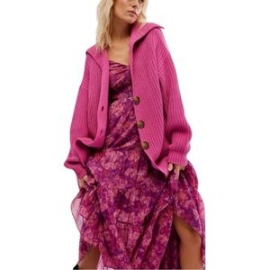 Free People Pink Firework Swim Too Deep Chunky Knit Oversized Cardi S